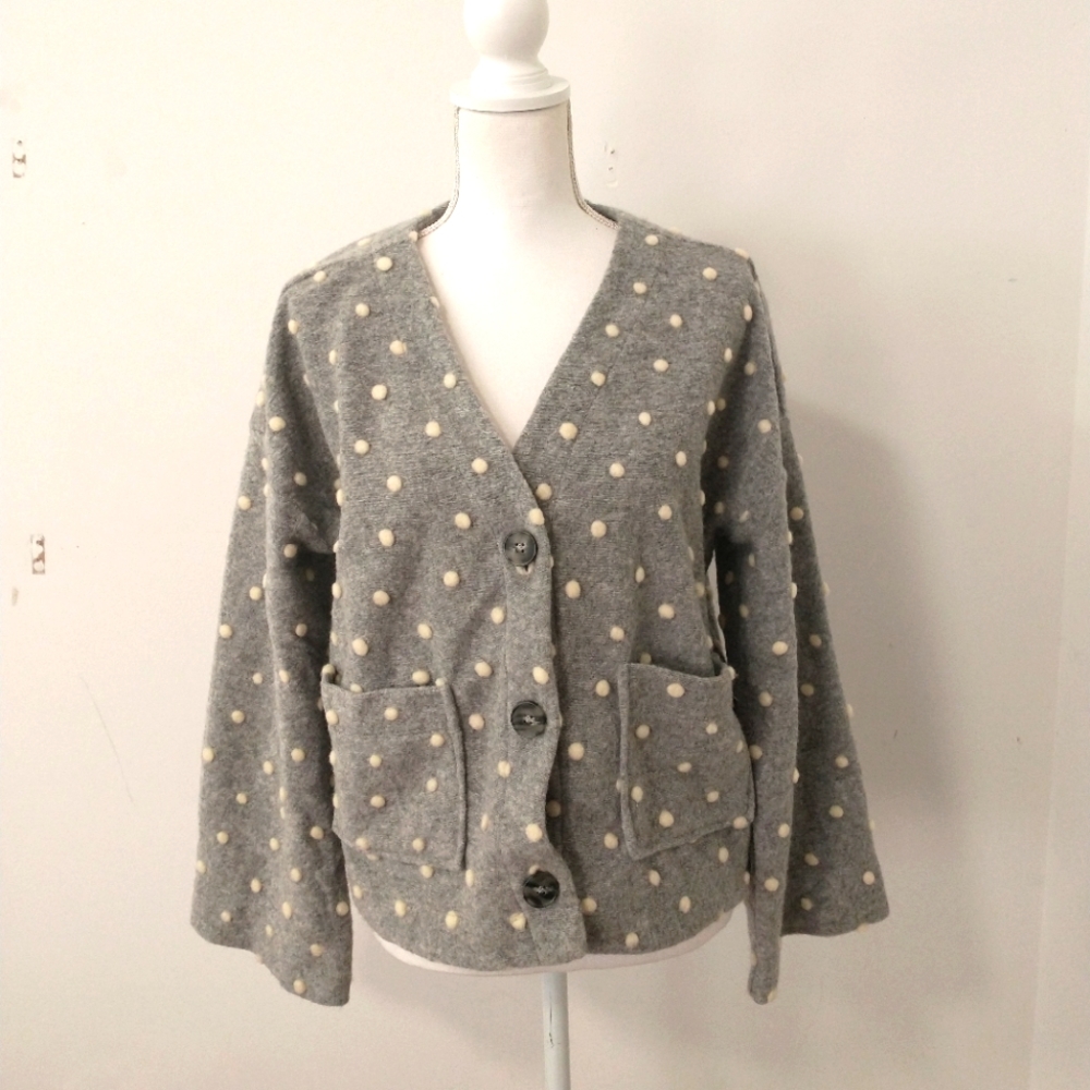 Madewell Gray Wool Polka Dot Cardigan with Cream Dots